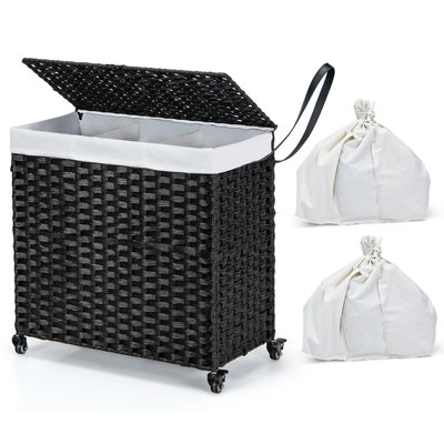 COSTWAY Laundry Hamper w/ Wheels & Lid 125L Large 3 Sections Clothes Hamper w/ 2 Liner Bag Black