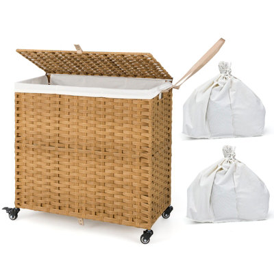 COSTWAY Laundry Hamper w/ Wheels & Lid 125L Large 3 Sections Clothes Hamper w/ 2 Liner Bag Natural