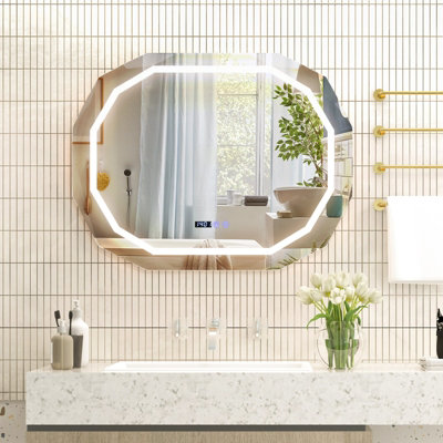Costway LED Bathroom Mirror Single Beveled Edge Anti-Fog Mirror with 3 ...