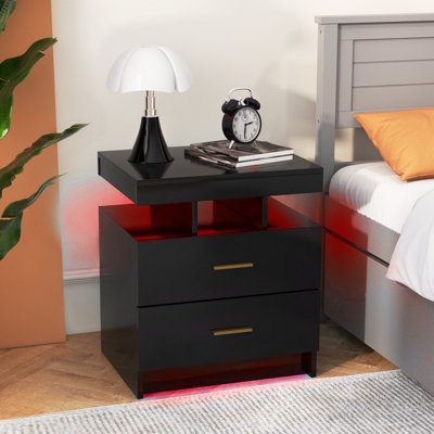 Modern Luxury LED Light Nightstand w/2 Drawers Organizer store Storage Cabinet Bedside