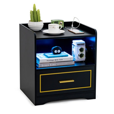 Costway LED Nightstand Smart Bedside Table Cabinet Side End Table W/ Drawer Bedroom