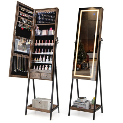 COSTWAY LED Mirror Jewellery Cabinet - Freestanding Lockable Armoire With 3-Color Lights, Large Storage, Adjustable Mirror (White)