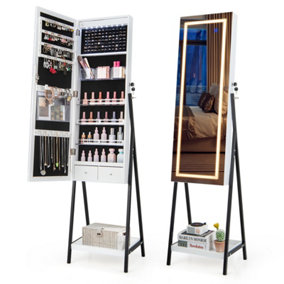 Costway LED Standing Jewelry Mirror Cabinet Lockable Jewelry Armoire w/ 3-Color Lighted Mirror