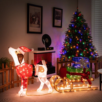 COSTWAY Lighted Christmas Decorations Outdoor Pre-lit Xmas Dog & Sleigh & Gift Boxes