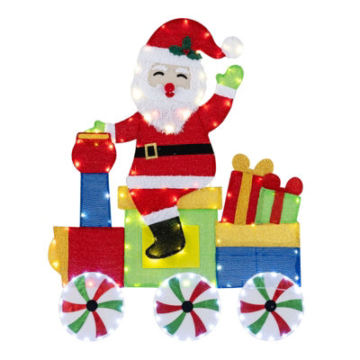 COSTWAY Lighted Santa on Train Christmas Decoration Indoor Outdoor 2D ...
