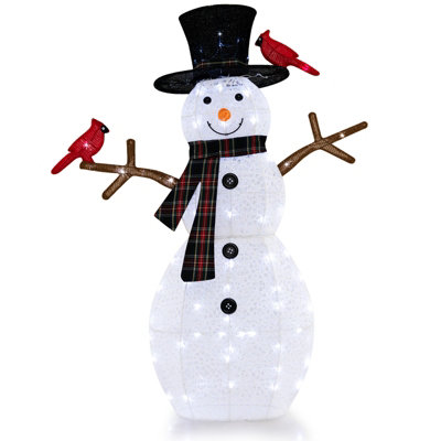 COSTWAY Lighted Snowman & Redbirds 127 cm Pre-Lit Snowman Ornament Christmas Decoration