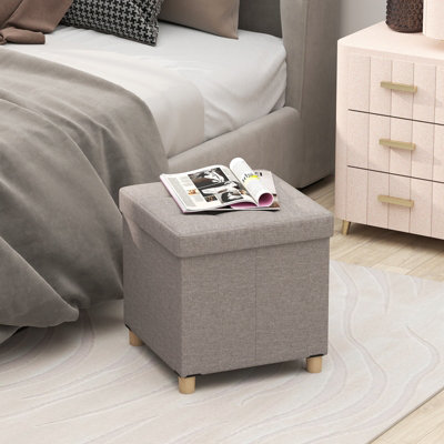 COSTWAY Linen Fabric Footstool Ottoman Padded Foot Rest with Storage-Grey