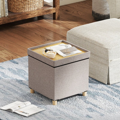 COSTWAY Linen Fabric Footstool Ottoman Padded Foot Rest with Storage-Grey