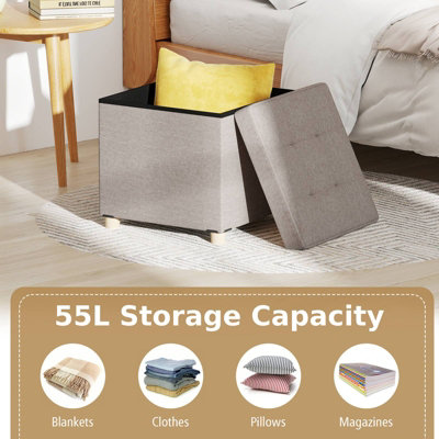 COSTWAY Linen Fabric Footstool Ottoman Padded Foot Rest with Storage-Grey