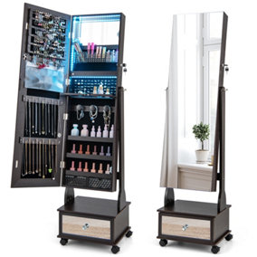 Costway Lockable Jewelry Armoire w/ Full-Length Mirror Mobile Jewelry Cabinet w/ 3-Color Light & Drawer Adjustable Angles