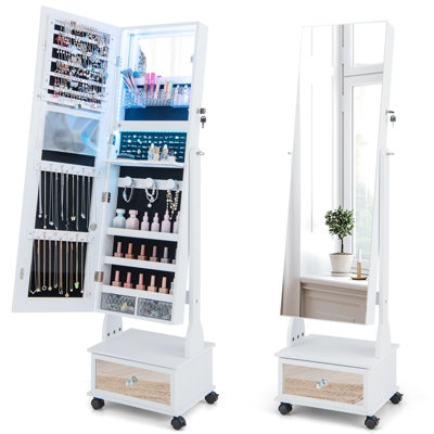COSTWAY LED Mirror Jewellery Cabinet - Freestanding Lockable Armoire With 3-Color Lights, Large Storage, Adjustable Mirror (White)