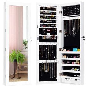Costway Lockable Jewelry Storage Cabinet Wall Mounted/Hanging LED Jewelry Armoire w/ Full Mirror