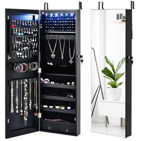 Costway Lockable LED Lights Jewelry Cabinet W/ Mirror Wall/Door Mounted Jewelry Armoire