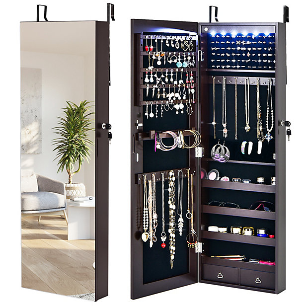 Costway Lockable Led Lights Jewelry Cabinet W Mirror Wall Door Mounted Armoire Diy At B Q
