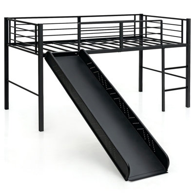 Costway Loft Bed Single Size Kids Bed Frame w/ Safety Guardrails Ladder & Slide