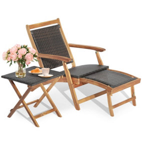 Costway Lounge Chair Table Set Outdoor Patio Acacia Wood Lounge Chair W/ Side Table