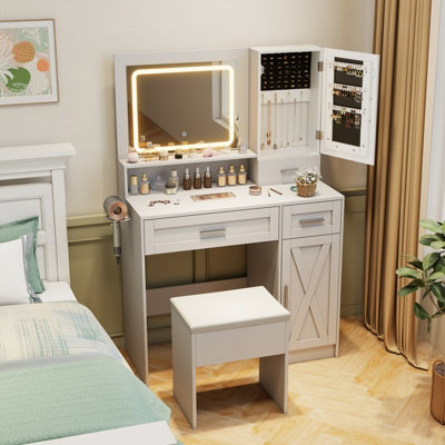 COSTWAY Makeup Vanity Desk Farmhouse Dressing Table & Stool Set w/ Drawers