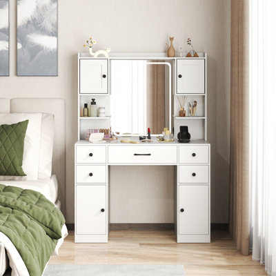 COSTWAY Makeup Vanity Desk with Lighted Mirror Dressing Table with Charging Station White