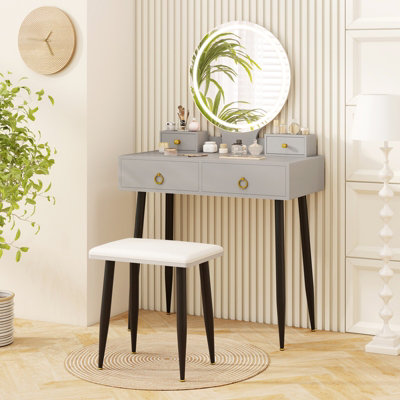 COSTWAY Makeup Vanity Desk with Lighted Mirror Modern Dressing Table-Grey