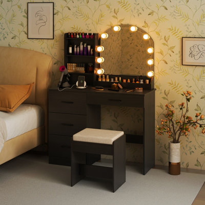 COSTWAY Makeup Vanity Desk with Mirror and Lights Dressing Table & Stool Set, 100 x 40 x 140 cm-Black