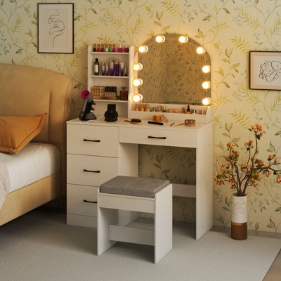 COSTWAY Makeup Vanity Desk with Mirror and Lights Dressing Table & Stool Set, 100 x 40 x 140 cm-White