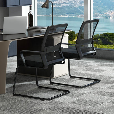 MEDIMALL Conference Chair Set Of 2, Meeting Room Chair With Metal Sled Base & Adjustable Lumbar Support, Mid-Back Mesh Reception Chair