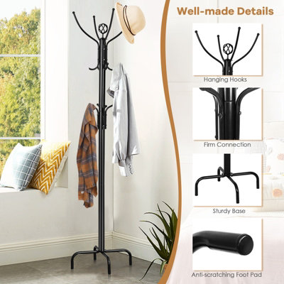 Costway Metal Coat Rack Hat Hanger Free Standing Hallstand Umbrella Stand with 12 Hooks - 6