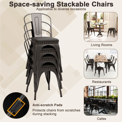 COSTWAY Metal Dining Chair Set of 4 Indoor Stackable Kitchen Chairs-Gun ...
