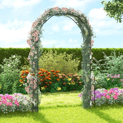 Costway Metal Garden Arch 240 cm Outdoor Pergola Arbor Trellis with Fence