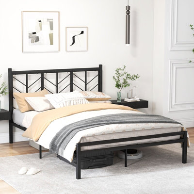 COSTWAY Metal Platform Bed w/ Branch-shaped Headboard Bed Frame King Size