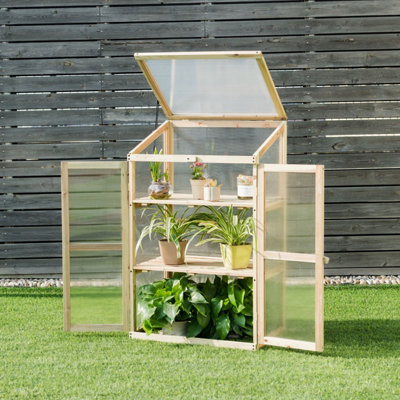 Costway Mini Wooden Cold Frame Greenhouse Outdoor 3-Tier Raised Flower Planter Shelf