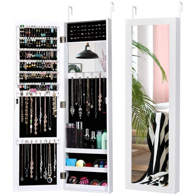 Costway Mirrored Jewelry Cabinet Wall Mounted Door Hanging Jewelry Armoire
