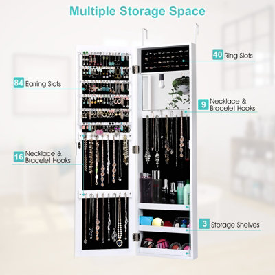 Costway Mirrored Jewelry Cabinet Wall Mounted Door Hanging Jewelry Armoire