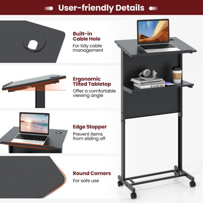 COSTWAY Mobile Laptop Cart Rolling Podium Stand Adjustable Lectern Table