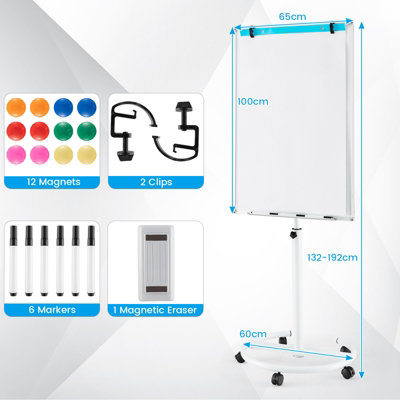 Costway Mobile Magnetic Whiteboard Height-Adjustable Dry Erase Board on Wheels 100X65 cm