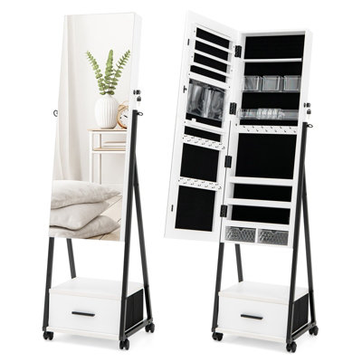 Costway Mobile Mirror Jewelry Standing Makeup Organizer Jewelry Armoire w/ Lockable Door