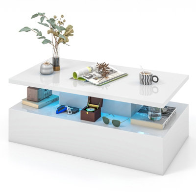 Costway Modern 2-Tier Coffee Table Center Table w/ Adjustable LED light