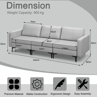 Costway Modern 3-Seat Sofa Upholstered Modular Sofa Couch w/ USB Charging Ports