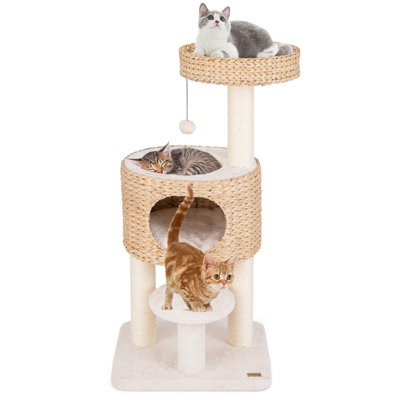 COSTWAY Modern Cat Tower w/ Top Perch Indoor Cat Tree Cattail Fluff Condo