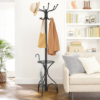 Modern Metal Coat Rack Free Standing Hat Hanger 9 Hooks 2 Storage Shelves  Gold