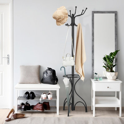 Clothes Stand,Coat Rack,2 in 1 Single Pole Wooden Coat Hat Stand Free  Standing with 4 Hooks and 1 Tray Hallway Clothes Rack Hat Hanger 180cm  (Color : Wood Color) : : Home