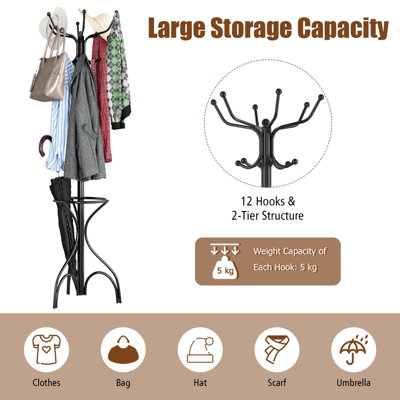Costway Modern Coat Stand Hanger 12 Hooks Metal Clothes Rack with Umbrella Holder - 6