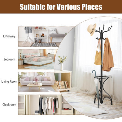 Costway Modern Coat Stand Hanger 12 Hooks Metal Clothes Rack with Umbrella Holder - 7