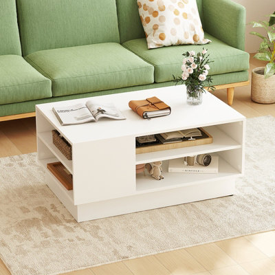 COSTWAY Modern Coffee Table 86cm Long Rectangle Center Table w/ Shelves White
