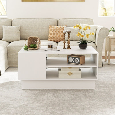 COSTWAY Modern Coffee Table 86cm Long Rectangle Center Table w/ Shelves ...