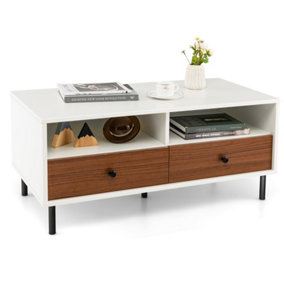 Costway Modern Coffee Table Rectangle Side Table Wooden Tea Table w/ 2 Drawers & 2 Shelves