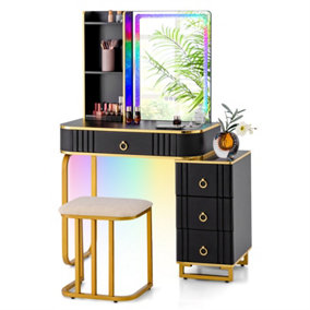 Costway Modern Dressing Table & Stool Set w/Mirror RGB Lights 7 Modes & Charging Station