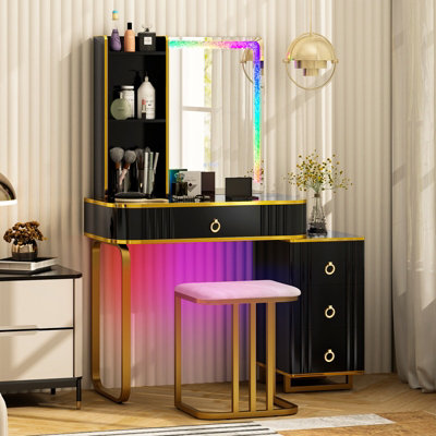 Costway Modern Dressing Table & Stool Set w/Mirror RGB Lights 7