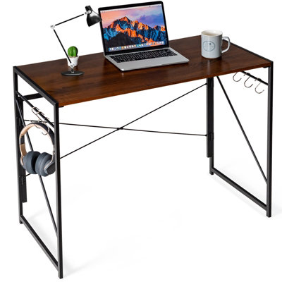 Costway Modern Folding Computer Desk Study Desk w/ S-Shaped Hooks for Home Office