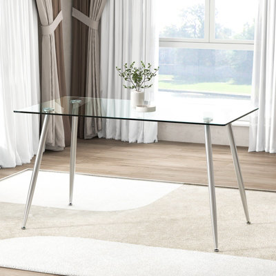Costway Modern Glass Dining Table Rectangular Tempered Glass Table Top Kitchen Furniture